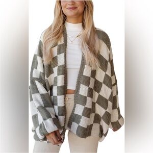 Checkered Oversized Cardigan, Gray Ivory Checker Sweater NWT